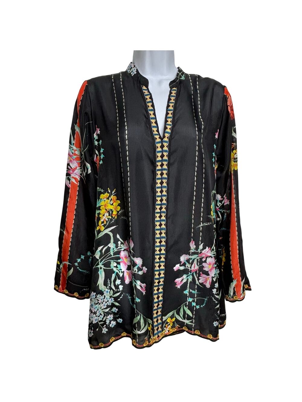 Johnny Was Silk Eulia Floral Embroidered Tunic Top Black XS